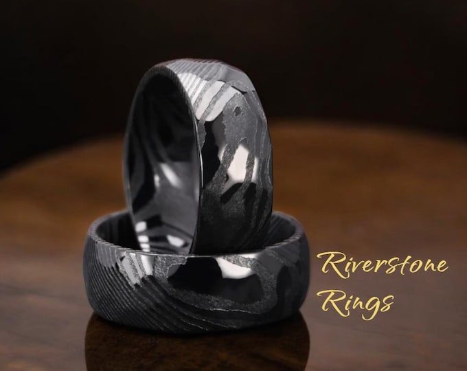 Black Hammered Damascus Steel Ring: Handmade 8mm Men's Band