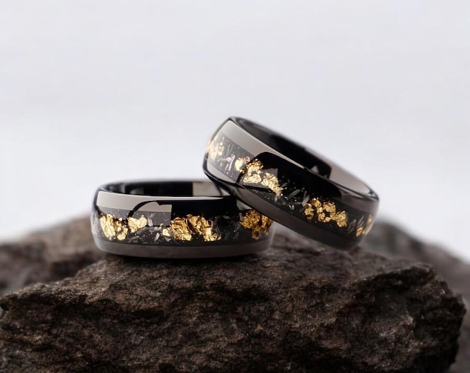 Meteorite & Gold Leaf In A Beautiful Black Tungsten | Black Wedding Ring | Gift For Him | Gift For Her | 8mm Black Ring