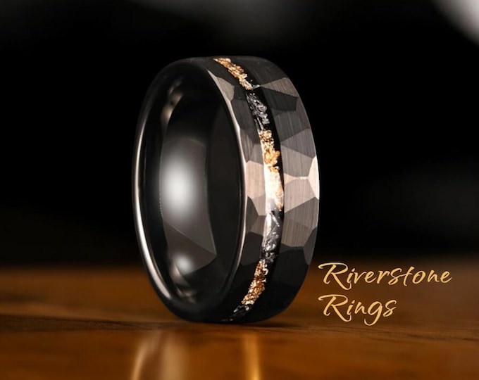 Gold Leaf Meteorite Tungsten Wedding Ring - Black Hammered 8mm Band