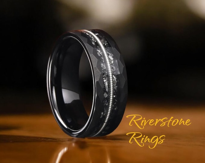 Hammered Black Tungsten Ring: Meteorite Inlay & Guitar String Accent