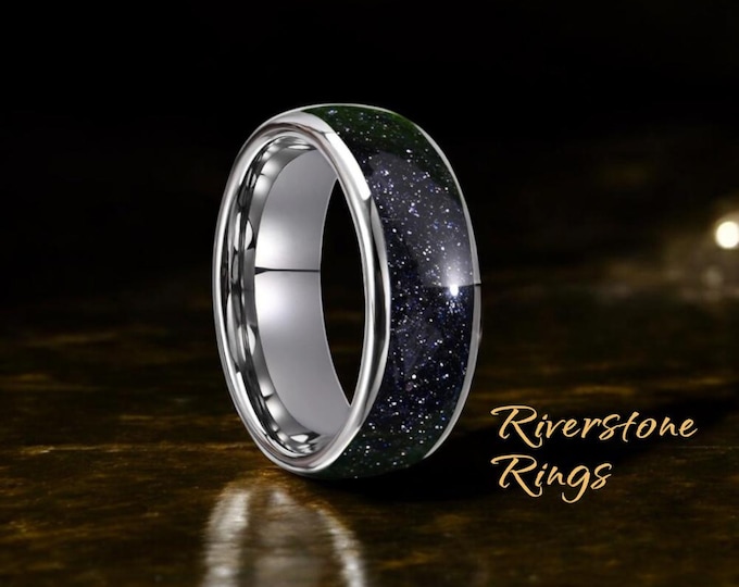 Nebula Tungsten Wedding Ring: Blue Sandstone Galaxy Inlay, 8mm