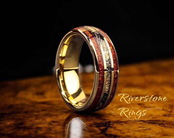 Meteorite Gold Leaf Red Galaxy Opal Tungsten Wedding Ring