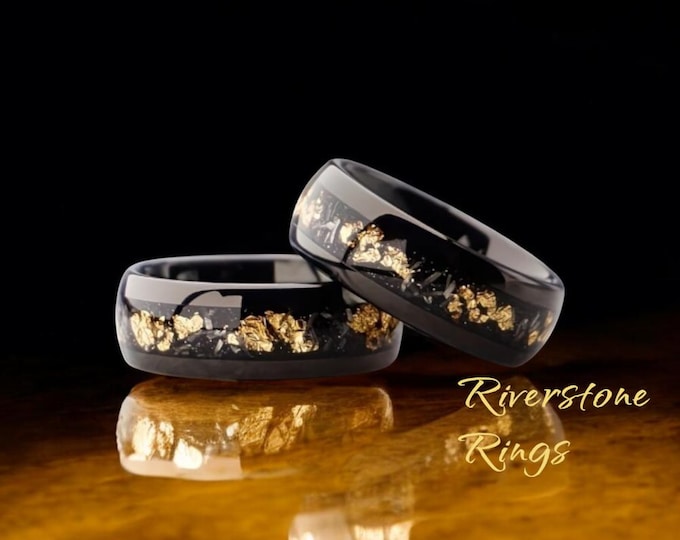 Meteorite Gold Leaf Black Tungsten Ring - 8mm Wedding Band