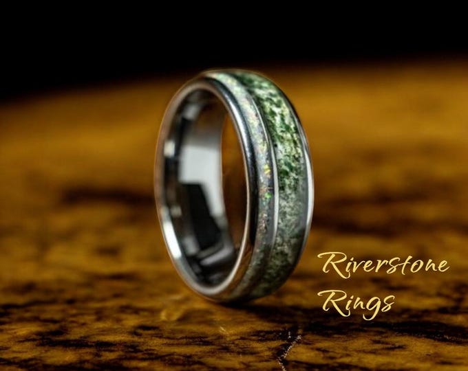Moss Agate & White Opal Inlay Silver Wedding Band - 8mm Tungsten Ring