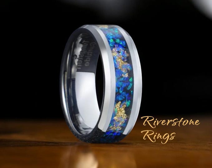 Crushed Opal Gold Leaf Tungsten Ring - 8mm Blue Opal Inlay Wedding Band