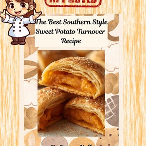May include: Image of a sweet potato turnover recipe. The image features a close-up of golden-brown, flaky pastries filled with orange sweet potato filling. The text reads "The Best Southern Style Sweet Potato Turnover Recipe" and "Approved".