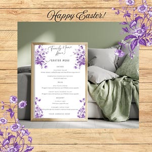 May include: A printable Easter menu template featuring a floral design. The menu includes a seafood salad, pumpkin and parmesan ravioli, eye fillet steak, crispy skin salmon fillet, citrus tart, and caramel apple cake. The text "Happy Easter!" is at the top of the page.