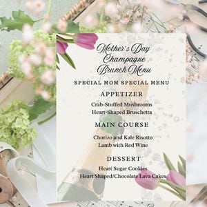 Edytowalne Menu Brunchu z Szampanem na Dzień Matki Edytowalne Zaproszenie na Brunch z Szampanem na Dzień Matki Edytowalne Podziękowanie na Dzień Matki Natychmiastowe pobranie