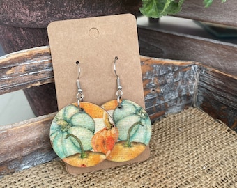 Fall earrings, light weight earrings, decoupaged earrings, wood earrings, circle wood earrings, paper earrings