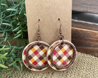 Fall earrings, light weight earrings, decoupaged earrings, wood earrings, circle wood earrings, paper earrings, plaid earrings