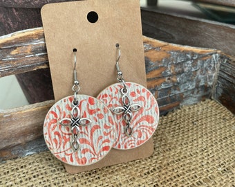 Fall earrings, light weight earrings, decoupaged earrings, wood earrings, circle wood earrings, paper earrings