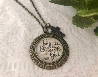 Inspirational Bible Verse Necklace Pendant Cross Charm Grateful Christian Necklace Glass Pendant Religious Necklace Be Still and Know