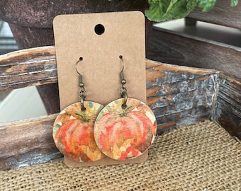 Fall earrings, light weight earrings, decoupaged earrings, wood earrings, circle wood earrings, paper earrings