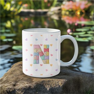 Personalized Patchwork Initial Mug: Colorful Letter N Coffee Cup, Custom Quilt Style Monogram Gift for Her, Heart Pattern Ceramic Mug image 5