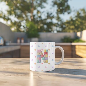 Personalized Patchwork Initial Mug: Colorful Letter N Coffee Cup, Custom Quilt Style Monogram Gift for Her, Heart Pattern Ceramic Mug image 4