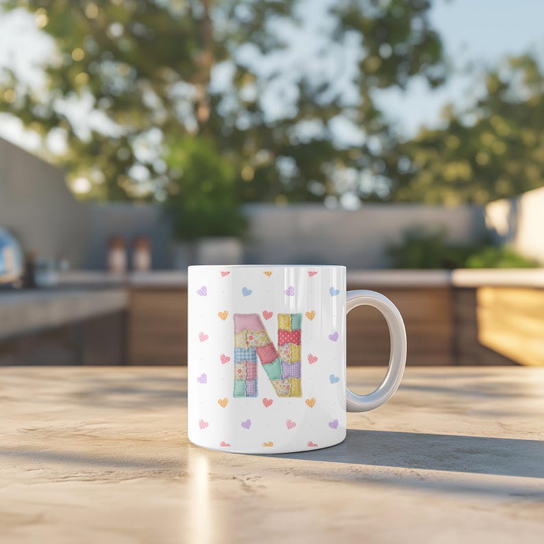 Personalized Patchwork Initial Mug: Colorful Letter N Coffee Cup, Custom Quilt Style Monogram Gift for Her, Heart Pattern Ceramic Mug image 4