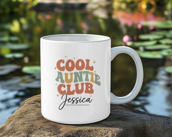 Personalised Cool Auntie Club Mug with Name, Custom Auntie Birthday Gift, Retro Groovy Auntie Coffee Cup