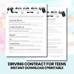 May include: Two printable driving contracts for teens, featuring a car key graphic. The contracts include sections on car ownership, insurance, gas, maintenance, and tickets. The text "Driving Contract for Teens" is at the bottom.