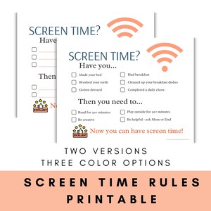 May include: Two printable checklists titled "SCREEN TIME?" with checkboxes and instructions. The checklists have a wifi symbol and the text "Now you can have screen time!" The bottom text reads "SCREEN TIME RULES PRINTABLE".