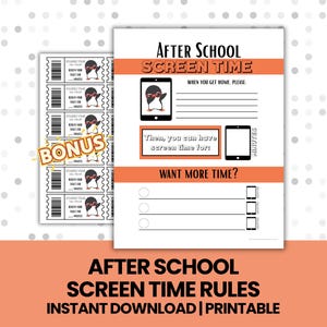 May include: A printable After School Screen Time Rules sheet with a penguin graphic. The sheet includes sections for screen time, a bonus section of tickets, and the text "Instant Download | Printable."