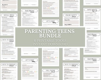 Puede incluir: Un conjunto de herramientas imprimibles para padres de adolescentes, que incluyen contratos para el uso del teléfono móvil, las redes sociales y la seguridad en línea. El paquete incluye 8 herramientas disponibles para descarga instantánea. El texto de la imagen dice "Parenting Teens Bundle".