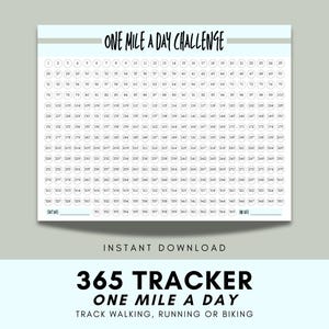 May include: A printable 365-day tracker for walking, running, or biking. The design features a light blue header with the text "ONE MILE A DAY CHALLENGE" in black. Below, there are 365 numbered circles to mark daily progress. The bottom text reads "365 TRACKER ONE MILE A DAY".