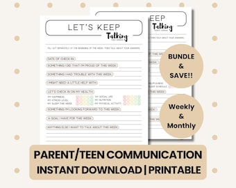 Op de afbeelding: Printbare werkbladen voor ouder-tienercommunicatie. De zwart-wit pagina's bevatten prompts voor wekelijkse check-ins, gezondheid en doelen. De tekst luidt "LET'S KEEP Talking" en "PARENT/TEEN COMMUNICATION INSTANT DOWNLOAD | PRINTABLE."