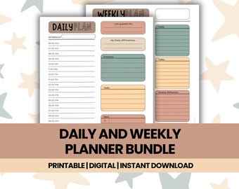 May include: A daily and weekly planner bundle with a neutral color scheme. The daily plan includes a schedule, while the weekly plan features sections for goals, tasks, and reflections. The text "DAILY AND WEEKLY PLANNER BUNDLE" is displayed.