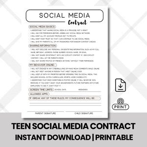 Puede incluir: Un contrato de redes sociales para adolescentes imprimible en blanco y negro, titulado "Contrato de redes sociales". El contrato incluye secciones sobre los conceptos básicos de las redes sociales, el intercambio de información y el comportamiento en línea. También tiene secciones para los límites de tiempo de pantalla y las aplicaciones permitidas.