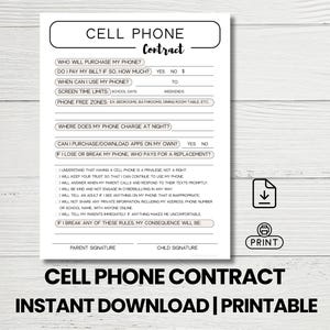 Cell Phone Contract for Teens | Child&#39;s First Cell Phone Contract | Printable Contract for Mobile Phones | Safely Using Cell Phones