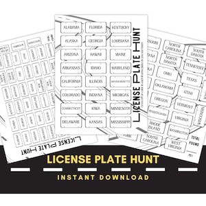 Road Trip License Plate Scavenger Hunt Game | Printable Family Car Games | License Plate Game | Vacation Travel Games | Games for Kids | B&W