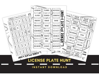 Road Trip License Plate Scavenger Hunt Game | Printable Family Car Games | License Plate Game | Vacation Travel Games | Games for Kids | B&W