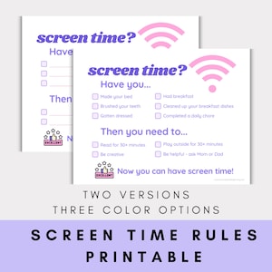 Puede incluir: Dos listas de verificación imprimibles de reglas de tiempo de pantalla. Las listas de verificación tienen un símbolo de wifi rosa y el texto "screen time?" y "Now you can have screen time!". El texto inferior dice "SCREEN TIME RULES PRINTABLE".