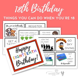 Könnte beinhalten: Eine Sammlung von Karten mit dem Text "18. Geburtstag" und "Dinge, die man tun kann, wenn man 18 ist". Die Karten zeigen Illustrationen und Texte wie "Tätowieren lassen", "Fallschirmspringen" und "Kreditkarte beantragen".
