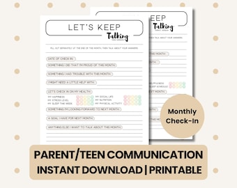 Op de afbeelding: Printbare maandelijkse check-in vellen voor ouder-tiener communicatie. De vellen bevatten prompts voor zelfreflectie en doelstellingen. Het ontwerp bevat de tekst "Let's Keep Talking" en "Monthly Check-In". De onderste banner luidt "PARENT/TEEN COMMUNICATION INSTANT DOWNLOAD | PRINTABLE".