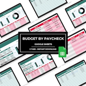 Könnte beinhalten: Mehrere Laptops zeigen eine Budget-Tabelle mit dem Titel "Budget by Paycheck" und dem Text "Google Sheets" und "2 Tabs - Sofort-Download". Die Tabelle hat ein rosa und grünes Farbschema.