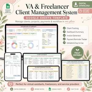 Puede incluir: Una plantilla digital de Google Sheets para la gestión de clientes de asistentes virtuales y autónomos. La interfaz muestra un panel, base de datos de clientes, generador de facturas, rastreador de pagos y lista de verificación de incorporación.