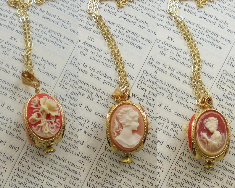 Woman Vintage Style Limited Edition Victorian Floral Cameo Gold-Plated Necklace Spinner Necklace 3 Cameos Customize You Choose