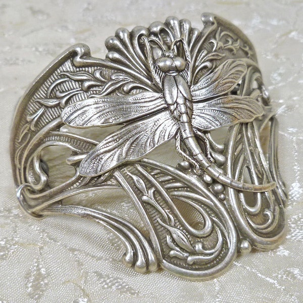 Art Nouveau Jewelry Dragonfly Half Cuff Bracelet Statement Jewelry in Silver OX, Dark Silver, or Antiqued Brass