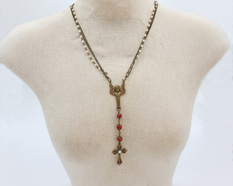 Pearl Gothic Cross Vintage Style Jewelry Angel Statement Necklace Guardian Goth Jewellery Artisan Jewelry Red