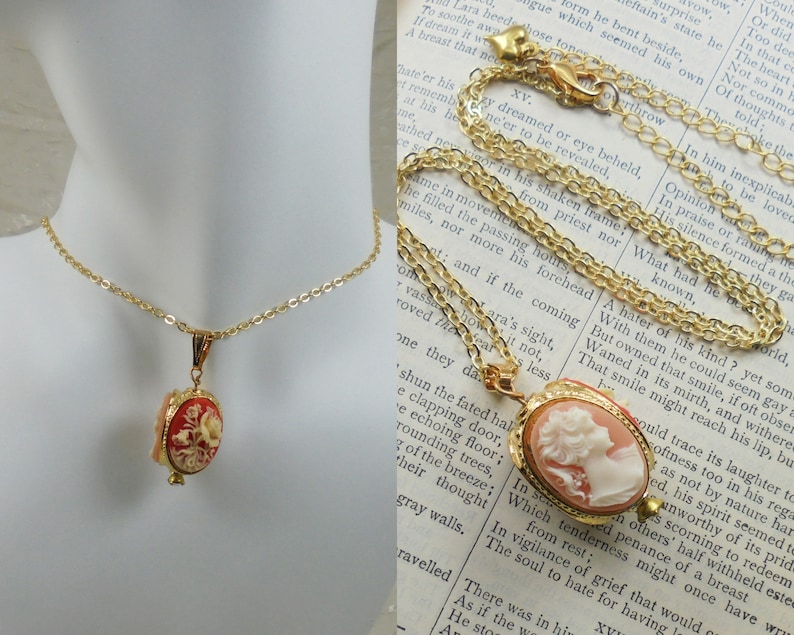 Woman Vintage Style Limited Edition Victorian Floral Cameo Gold-Plated Necklace Spinner Necklace 3 Cameos Customize You Choose