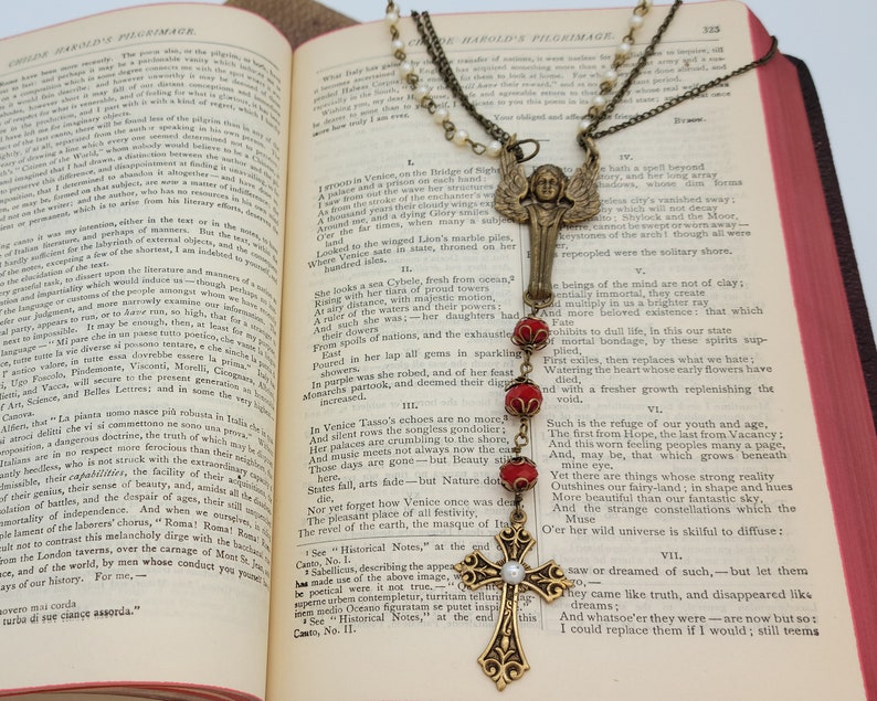 Pearl Gothic Cross Vintage Style Jewelry Angel Statement Necklace Guardian Goth Jewellery Artisan Jewelry Red