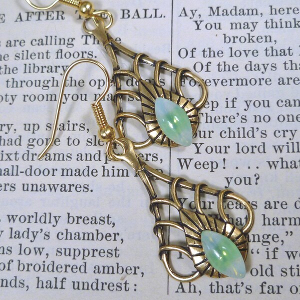 Green Sabrina Glass Art Deco Earrings Opal  Brass Teardrop