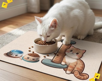 Pet Food Mat, Orange Cat with Scratcher Design, Cat Bowl Placemat for Pet Lover, Non Slip Feeding Mat Gift for Cat Mom