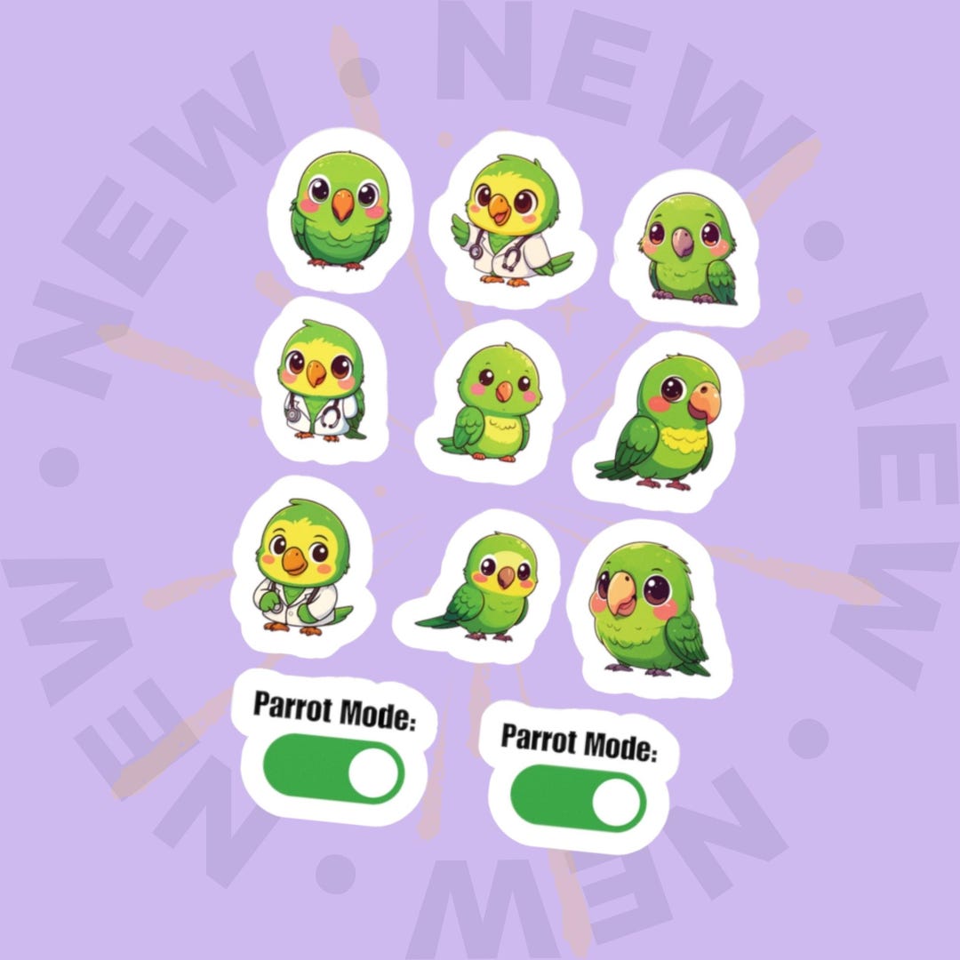 Sticker Sheet, Green Parrot Mode Design, Kawaii Bird Expression Vinyl ...
