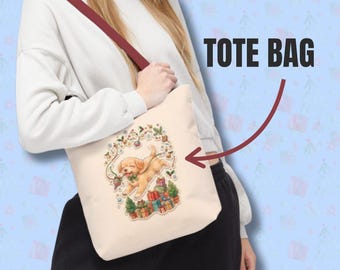Playful Puppy with Holly and Gifts Tote Bag | Christmas Dog Holiday Design