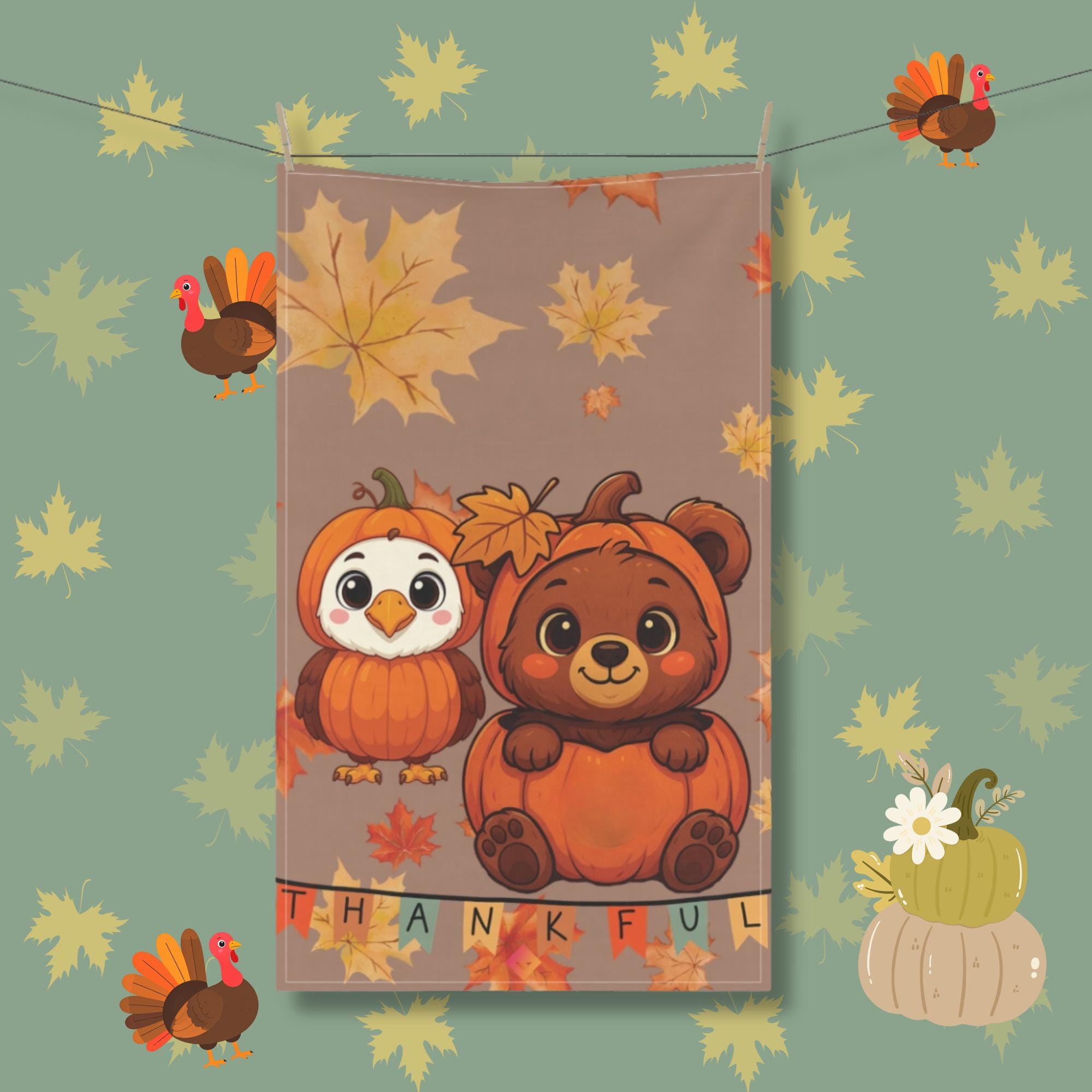 Thanksgiving Tea Towel - Cute Owl & Bear with Autumn Leaves - 18x30 Cotton-Poly Kitchen Towel fo