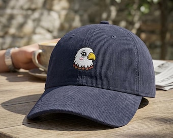 Corduroy Cap, Vintage Embroidered Eagle Design, Adjustable Dad Hat, Retro Outdoor Style, Gift for Nature Lovers, Casual Everyday Wear