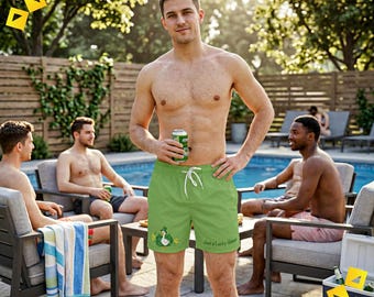 Swim Trunks, Green St. Patrick's Day Goose Swim Shorts, Lucky Goose Print Men's Swimwear for Him, Holiday Beach Gift