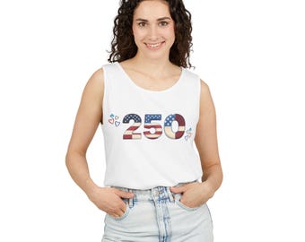 Koszulka bez rękawów z numerami 250 amerykańskiej flagi | Patriotyczny wzór z okazji 4 lipca w USA